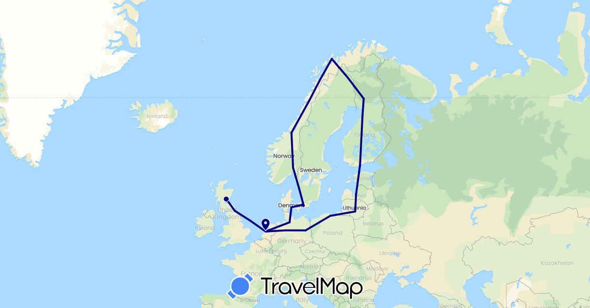 TravelMap itinerary: driving in Germany, Denmark, Estonia, Finland, United Kingdom, Lithuania, Latvia, Netherlands, Norway, Poland, Sweden (Europe)